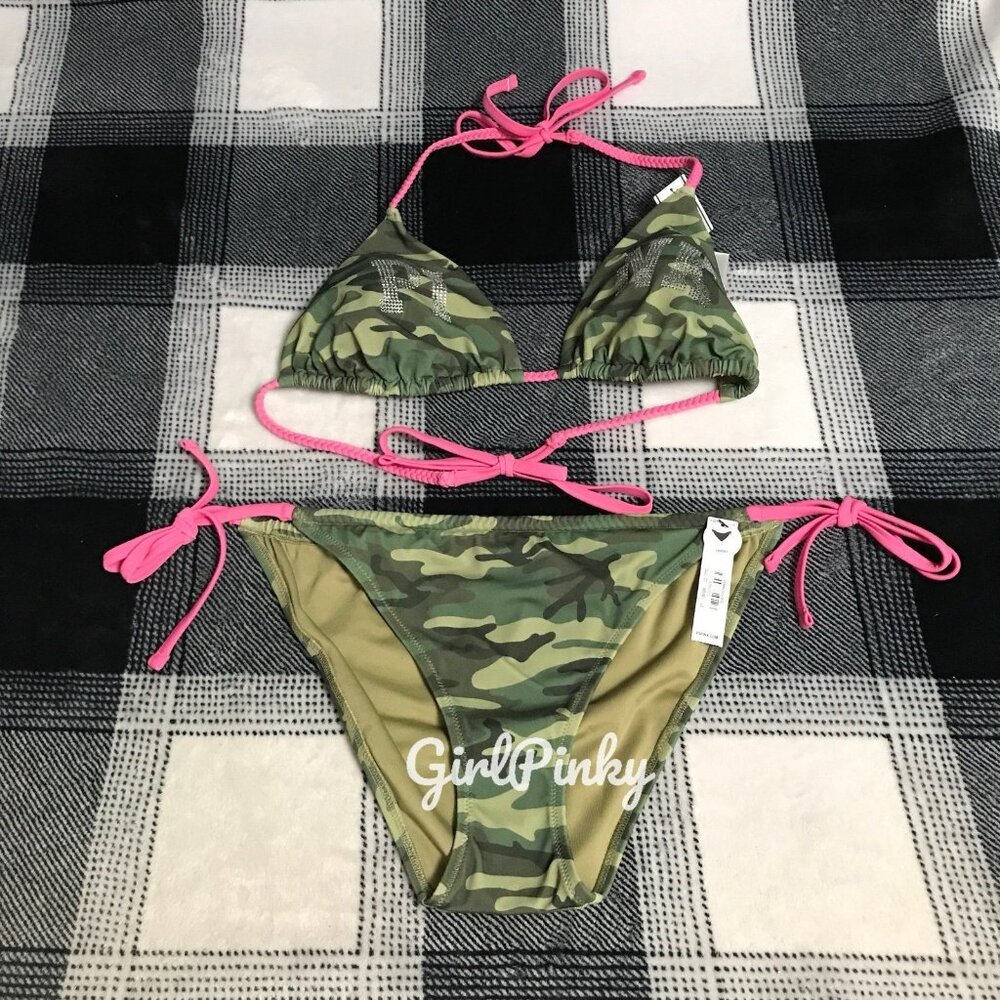 VS PINK 2 PIECE CAMO BLING LOGO STRING BIKINI SWIMSUIT IN ALL SIZES AND DD TOPS